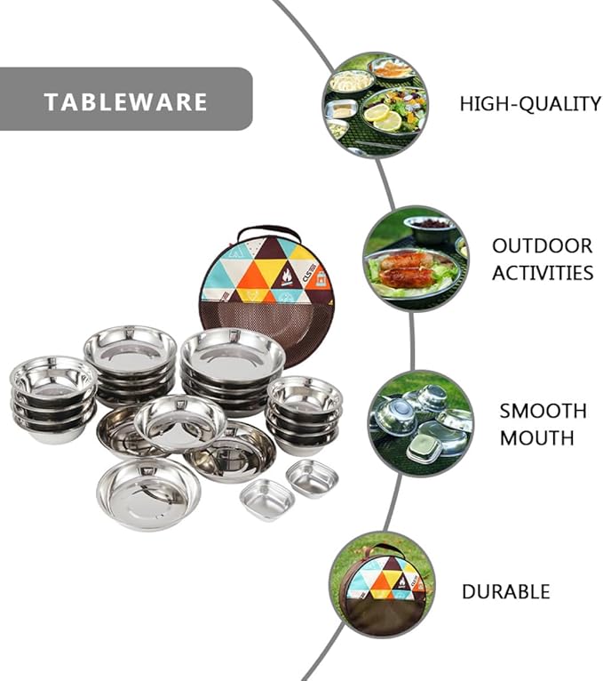 Portable Outdoor Camping Tableware Food-Grade Stainless Steel Plates Bowls Cutlery with Storage Bag Lightweight Compact Dining Tools for Hiking Picnic Rv and Travel