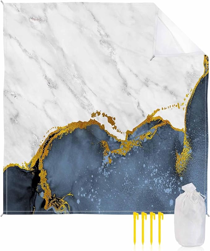 Beach Blanket Waterproof Sandproof Oversized Blue Marble Gold Foil Beach Mat with Corner Stakes Sand Pockets Grey Gradient Outdoor Picnic Mat for Travel Camping Hiking 108x84In