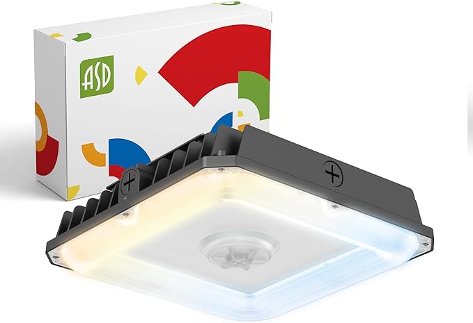 ASD LED Canopy Light 100/70/60W with Q-Base – 3000/4000/5000K 14448Lm 10x10 120-277V IP65 Dimmable 0-10V UL &amp DLC Listed (Optional Motion Sensor-Extra Purchase)