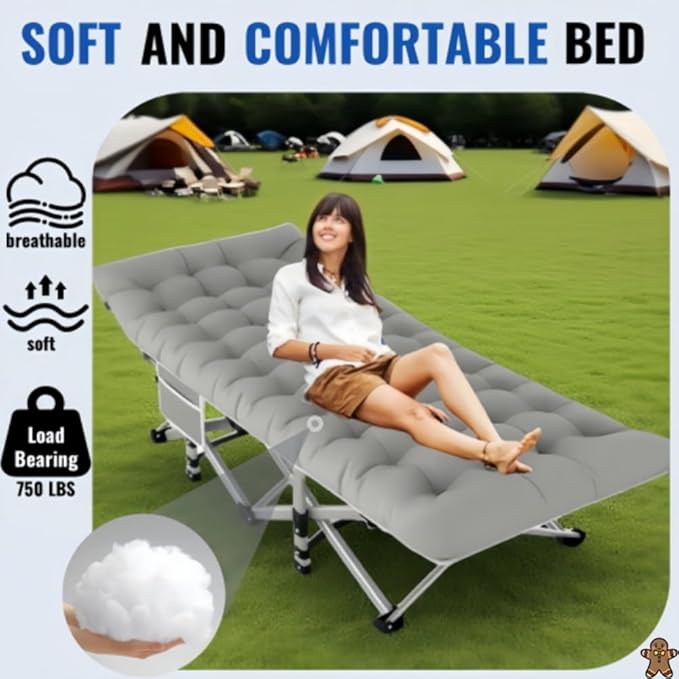 560-760 pounds Portable Folding Camping Bed (with Mattress) - Can be Used as a Recliner - Breathable Fabric Thick Steel Frame (Gray660 lbs)