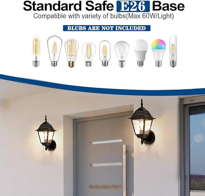 Outdoor Wall Sconce 2 Pack Black Waterproof Front Porch Light with Clear Glass Weather-Resistant Aluminum Sconce for Garage Patio Garden Front Door E26 Bulb (Bulbs Not Included)