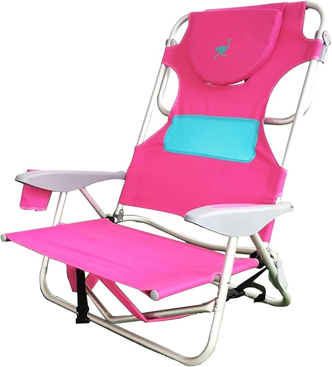 Ostrich Outdoor Beach Ladies Comfort On-Your-Back Adjustable &amp Portable Beach Chair with Backpack Straps and Cup Holder Pink (3 Pack)