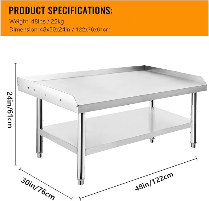 Stainless Steel Equipment Grill Stand Table | 48x30x24 | 1000 Lbs Top Shelf Capacity 220 Lbs Bottom Shelf | Adjustable Legs with 2 Edge Baffle | for Hotels Homes Commercial Kitchens