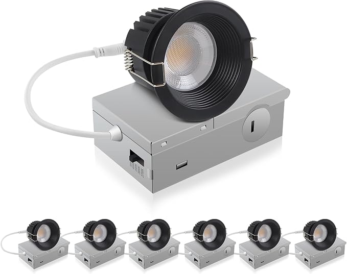 Adetu 3 Inch 5CCT Black Anti-Glare LED Downlight with Junction Box 2700K/3000K/4000K/5000K Selectable CRI90+ 12W COB 1160LM IP65 Waterproof Dimmable-ETL and Energy Star Certified (Black6 Pack)