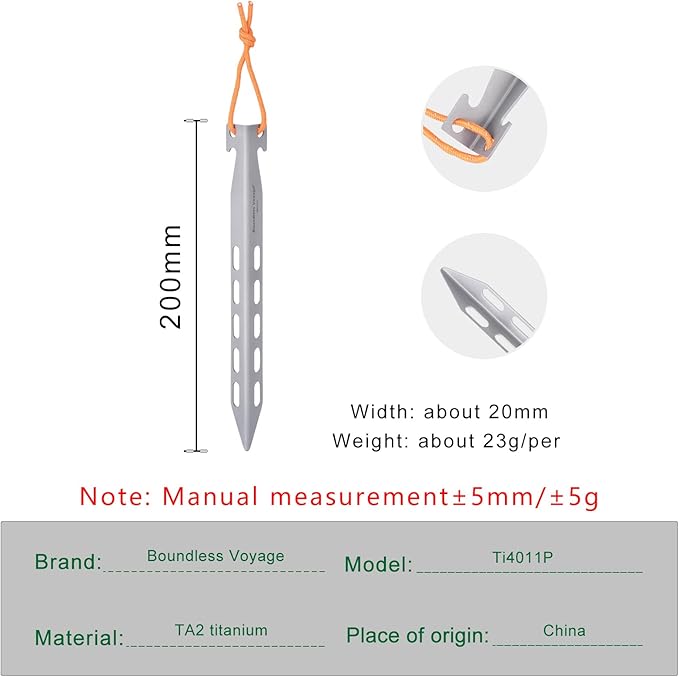 Boundless Voyage Titanium Tent Stakes 20cm/7.8 in. V-Shape Tent Pegs Nails (8-Pack) Outdoor Camping Ultralight Awning Canopy Accessories