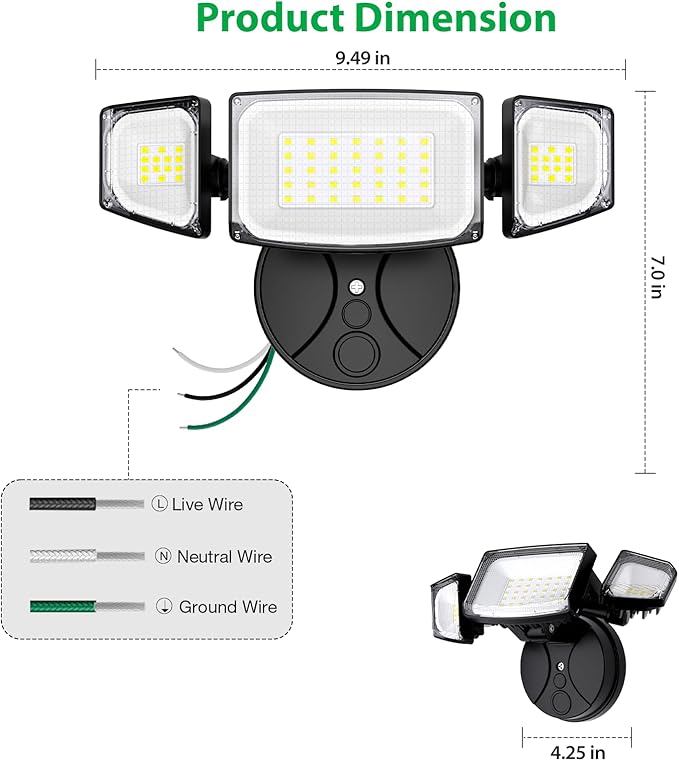 iMaihom 65W 6500LM LED Outdoor Flood Light Switch Controlled Outdoor Security Light 3 Adjustable Heads IP65 Waterproof 6500K Daylight White Hardwired Wall Mount Light for Garage Yard Patio Black
