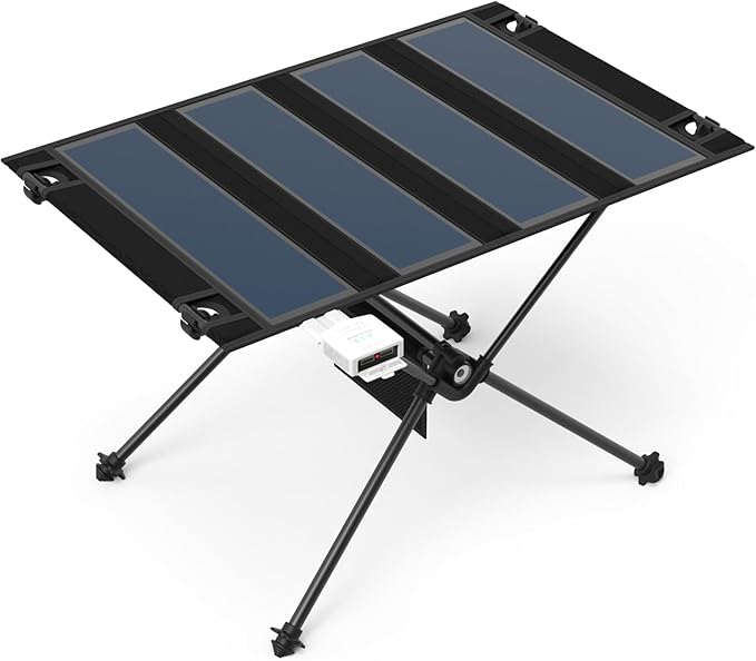 ECOeshiner Solar Folding Table 28W Camping Table - Solar Charging Mesh Bag Two USB Ports Heat + Water + Splash Resistant Solar Powered Beach Table Picnic Table Outdoor Table