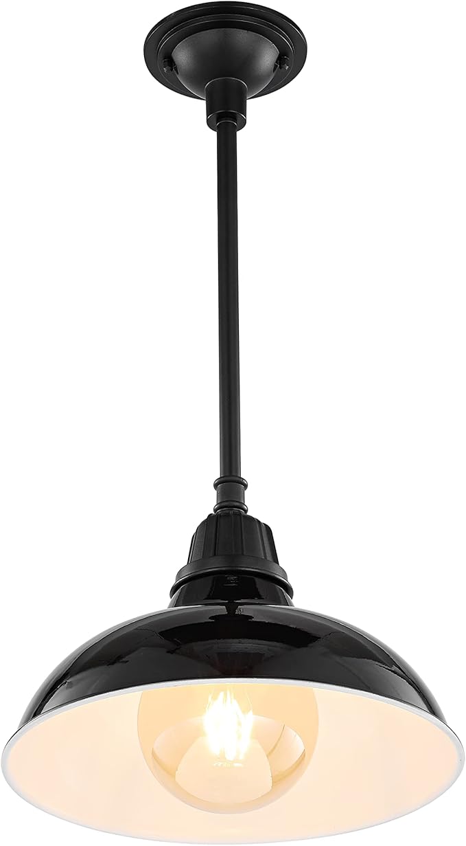 JONATHAN Y 12.25 Black 1-Light Farmhouse Indoor/Outdoor LED Pendant Iron Hanging Light and Black Metal Shade Rustic Ceiling Lamp for Kitchen Island LED Bulb Included (JYL7611B)