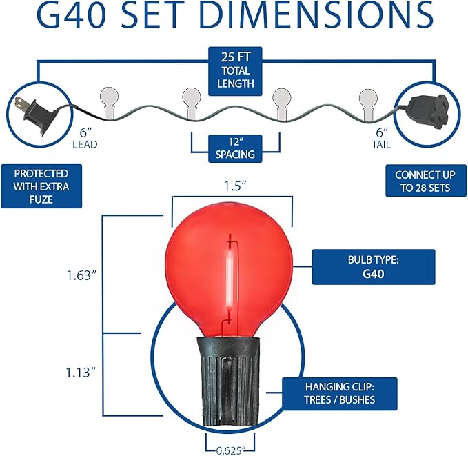 Novelty Lights G40 Filament LED String Light Translucent Red/White/Blue Bulbs 25 Globe Lights with 12 Spacing on Black Wire Indoor/Outdoor Festive Patio Lights