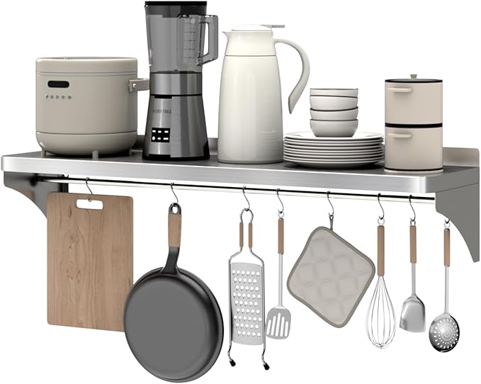 48 x 12 Stainless Steel Shelf Wall Mounted | Heavy-Duty Commercial Stainless Steel Shelf Storage with 8 Hooks for Kitchen Wall Restaurant Garage and Microwave Oven