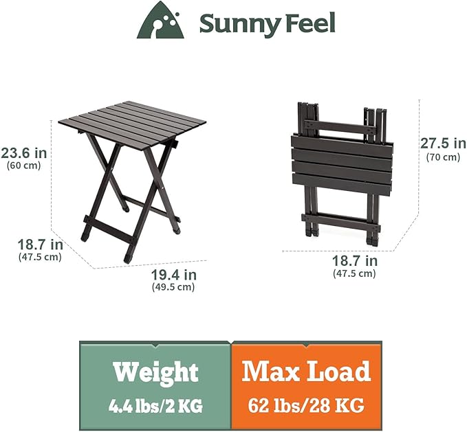SUNNYFEEL Folding Camping Table - Lightweight Aluminum Portable Picnic Table 18.5x18.5x24.5 Inch for Cooking Beach Hiking Travel Fishing BBQ Indoor Outdoor Small Foldable Camp Tables