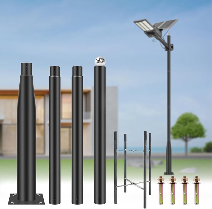 Street Light Pole 13Ft - Black Outdoor Adjustable Metal Solar Street Lamp PostSuitable for Street Courtyard Porch Exterior Patio Flag Lighting Fixtureswith Mounting Rebar Cage Base Accessory