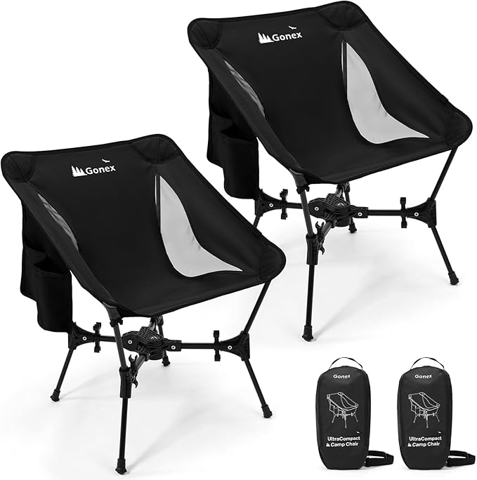 Gonex Portable Camping Chair The 5th Gen Ultralight Compact Backpacking Foldable Lightweight Folding Chair for Outdoor Camp Hiking Beach Picnic Concert Supports 330lbs (Black 2 PCS)
