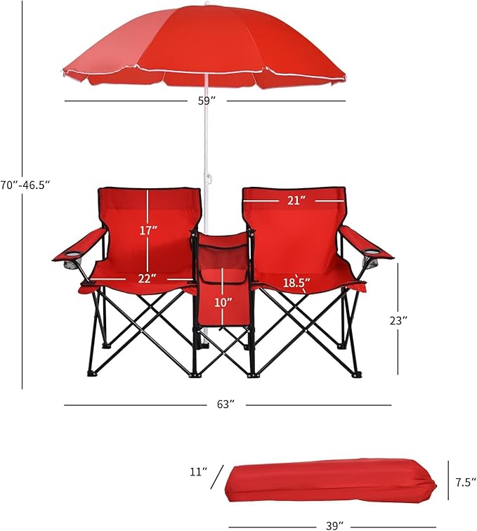 Goplus Double Camping Chair with Umbrella Folding Loveseat Chairs w/Canopy Shade Carrying Bag Table Cup Holder Portable Beach Chairs Outdoor Picnic Patio (Red)