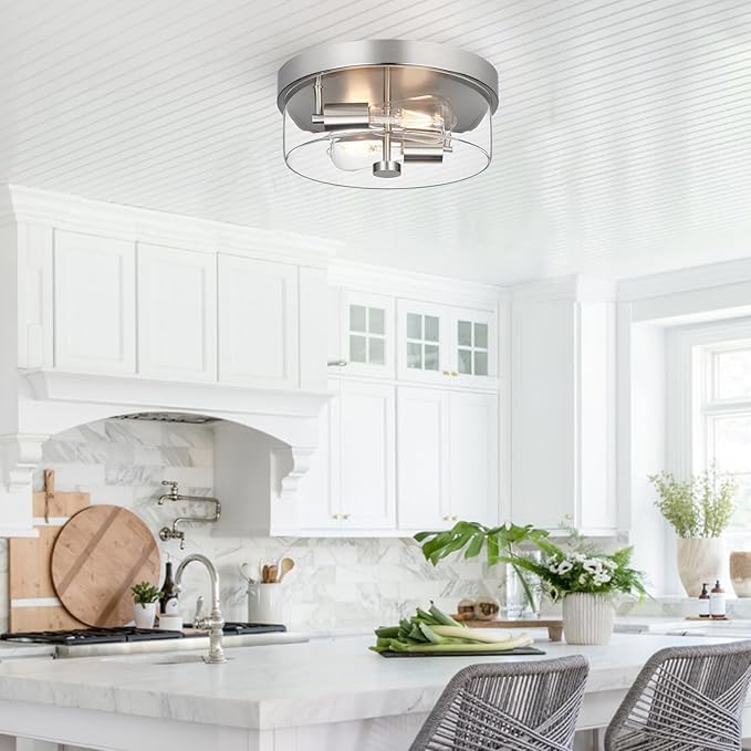 Flush Mount Ceiling Light Fixtures 2-Light 12 Inch Brushed Nickel Close to Ceiling Light Fixtures with Clear Glass Shade Ceiling Light Fixture for Porch Hallway Bathroom Dining Room and