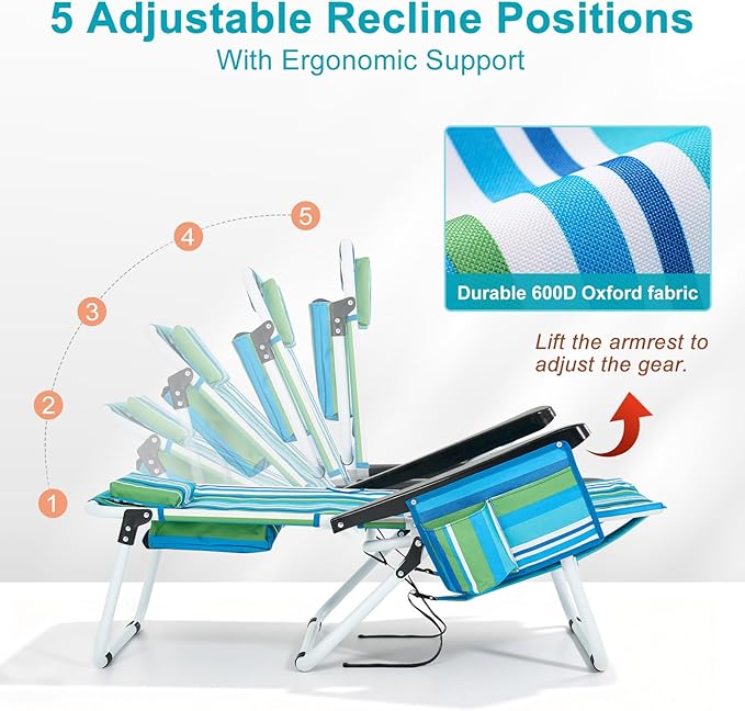 ABORON 5-Position Beach Chair for Adults Lay Flat Reclining Beach Folding Chair with Cooler Bag Backpack Straps Headrest &amp Pouch 350 lbs Capacity Portable for Outdoor Lawn Camping Concert