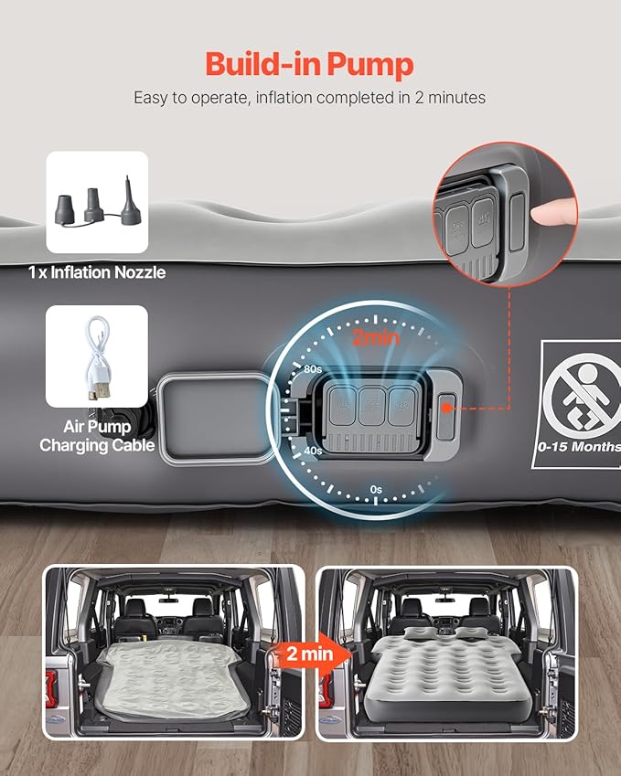 VEVOR Car Air Mattress Inflatable Car Camping Mattress Fits Toyota 4runner Jeep Wrangler JK JKU JL JLU 4 Door Flocking Thickened Blow Up Travel Beds Gray 2 Pillows