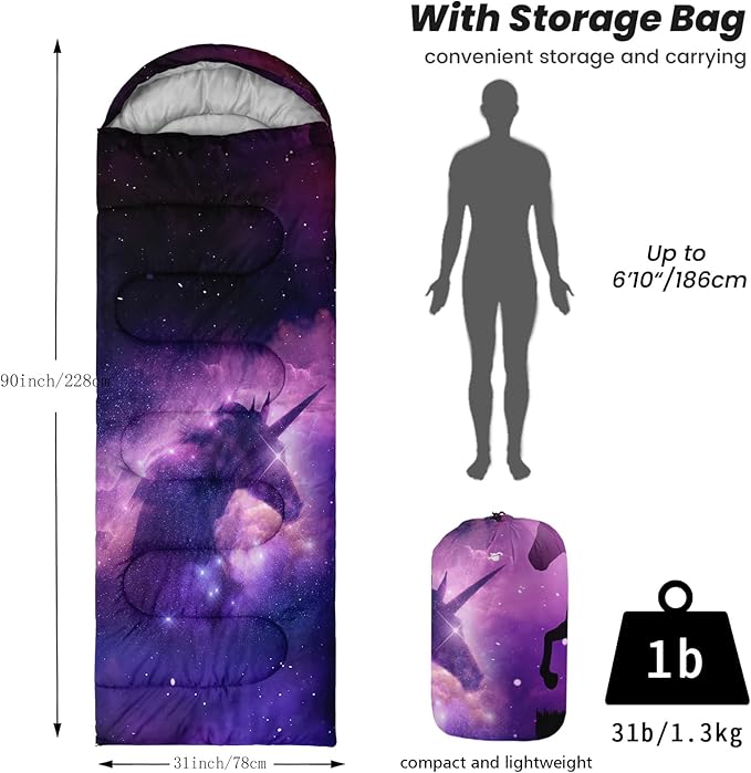 Sleeping Bags for Adults Youth Kids3D Printing Camping Sleeping Bag for Girls Boys Lightweight Waterproof Cold/Warm Weather Sleeping Bag for 3 Seasons