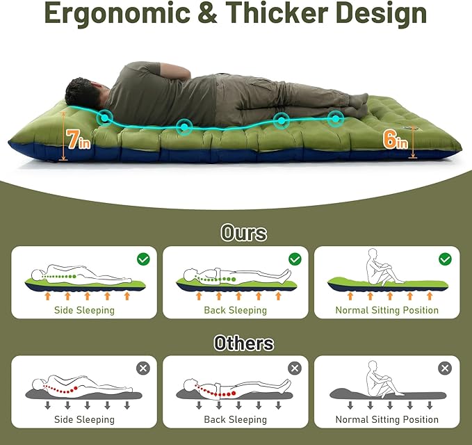 KASBAH Double Inflatable Camping Sleeping PadThick 6 inch 2 Person Ultralight Sleeping Mat with Built-in Foot Pump and PillowCamping Essentials for HikingBackpackingTraveling Tent