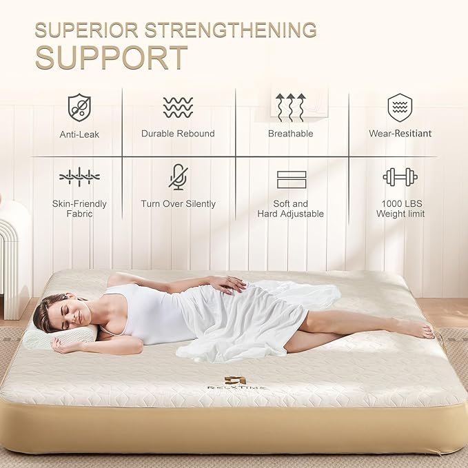 Queen Air Mattress with Hand Pump Inflatable Camping Bed Fast Inflation Portable Blow Up Mattress for Home Travel Guests Hiking Picnic Supports up to 1000 lbs