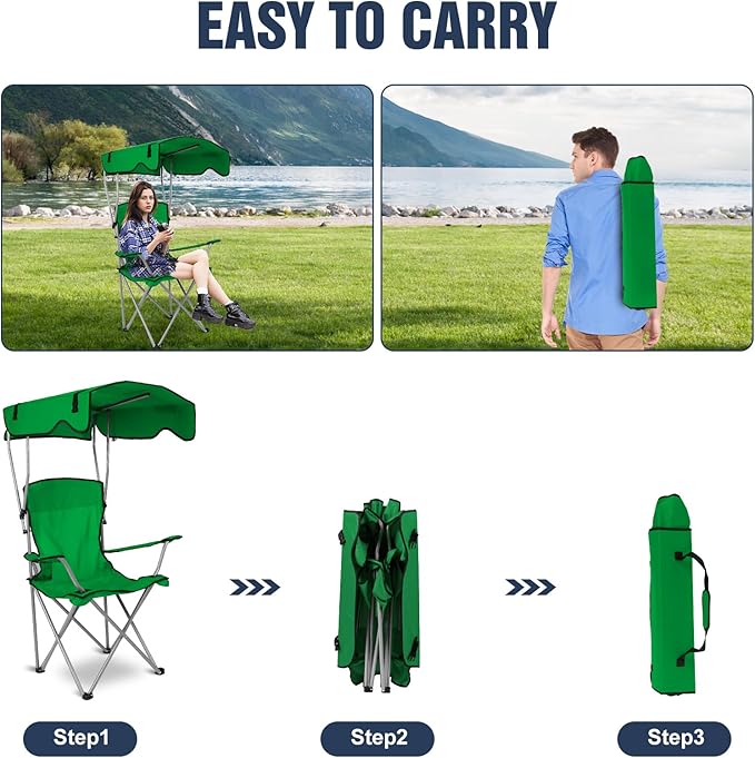 Camping Chair with Canopy Portable Outdoor Folding Beach Chairs with Cup Holder 330LBS Load Lawn Chair for Outside Fishing Beach Picnic (Green)
