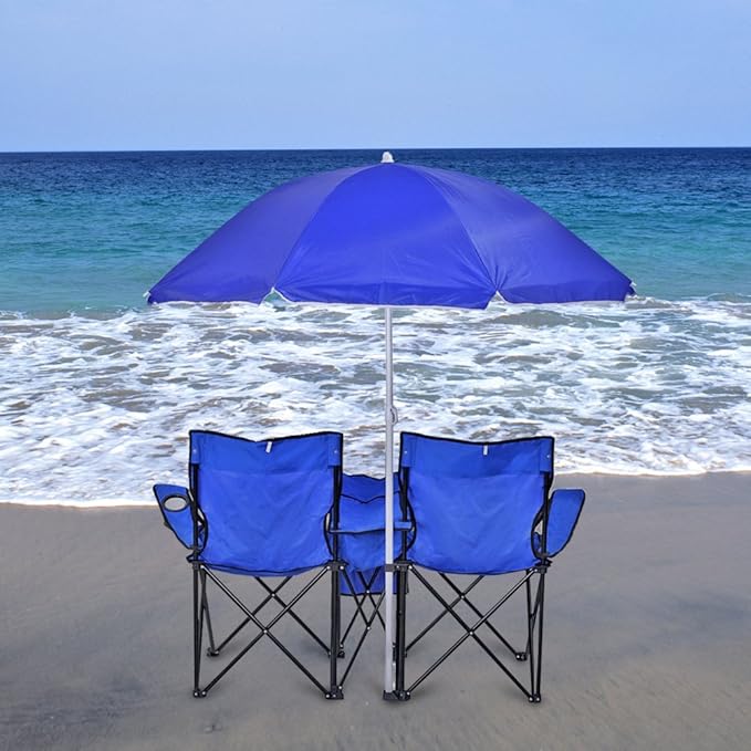 Flexzion Double Folding Beach Chair with Umbrella Table Cooler and Bag Portable Compact Folding Chair 2 Person Camping Chair with Canopy for Adults and Kids Outdoor Fold Up Chair Blue