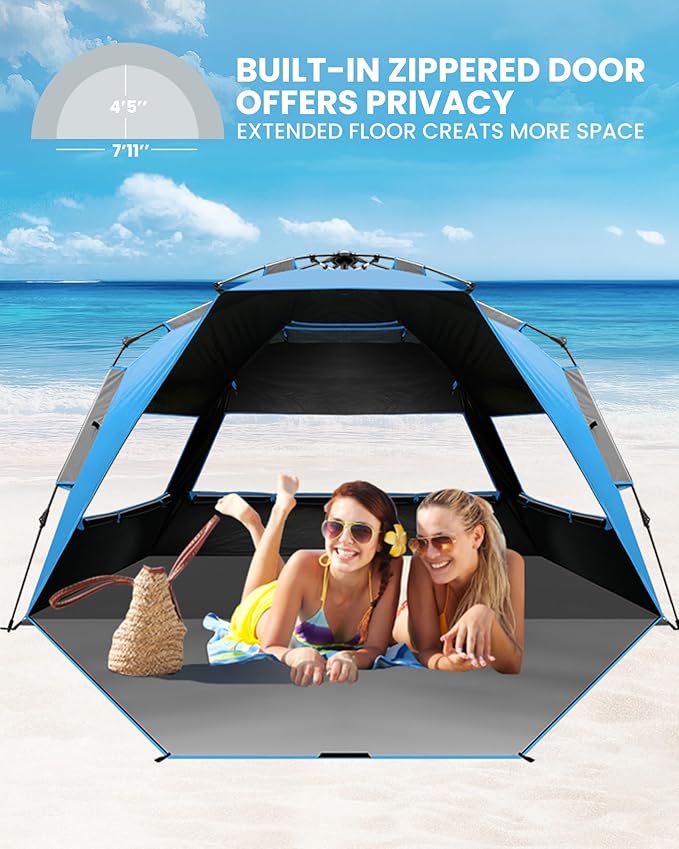 OutdoorMaster Beach Tent with Blackout Shelter Technology Portable Sun Shade Shelter 4 Person Pop Up Beach Tents with UPF 50+ UV Protection 9.5mm Thick Pole 3 Ventilating Mesh Windows -Blue