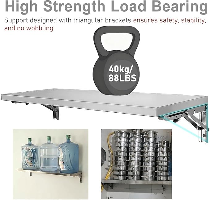 Food Truck Wall Shelving Space Saving Extra Long Stainless Steel Concession Folding Shelf Outdoor Easy Installation Countertop Extension Fold Down(30x14in/76x35cm)
