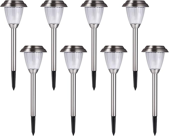 Solar LED Outdoor Lights 8-Pack Stainless Steel Pathway Landscape Lights for Outdoor Path Patio Yard Deck Driveway and Garden (Silver)