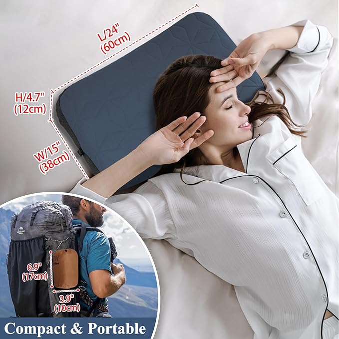 Camping Pillow with Removable Cover Large Size 24“ x 15 - Ultralight Inflatable Pillow for Camping Lightweight Ergonomic and Washable for Camping Hiking and Travel Gray