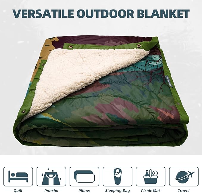 Outdoor Camping Blanket with Sherpa Lining Extra Warm Thick Camp Blankets and Puffy Ultralight Soft Poncho DWR Camping Quilt for Cold Weather Adventure Sleeping Backpacking 78x 56