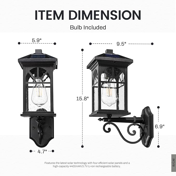 zeyu 15.8 Inch Solar Exterior Lighting Fixture Exterior Wall Light Fixture with Remote Die-Cast Aluminum with Seeded Glass Shade Black Finish ZYX112B SL BK