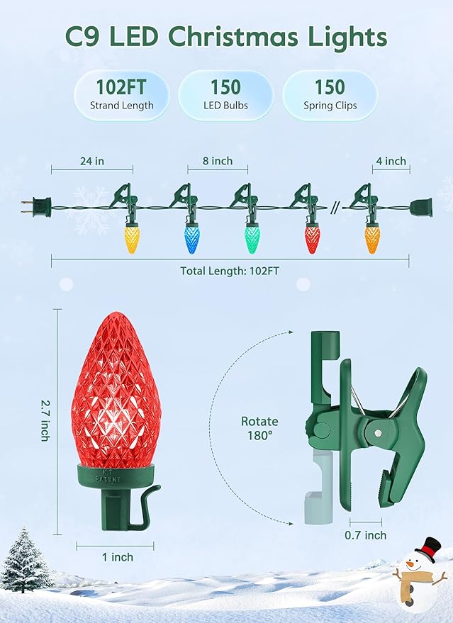 Brightown C9 LED Christmas Lights Outdoor 99 Feet 150 LED C9 String Lights with 150 Spring Clips Waterproof Connectable Christmas Tree Lights for Outside Roofline Patio Home Xmas Decor Multicolor