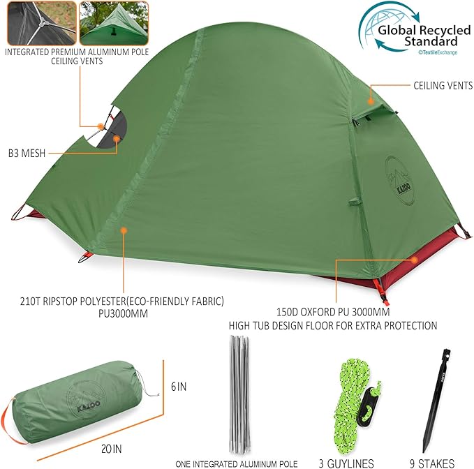 KAZOO Waterproof Backpacking Tent Ultralight 1/2 Person Lightweight Camping Tents 1/2 People Hiking Tents Aluminum Frame Double Layer | Waterproof Camping Tents 1/2 People Hiking Tents Aluminum Fr