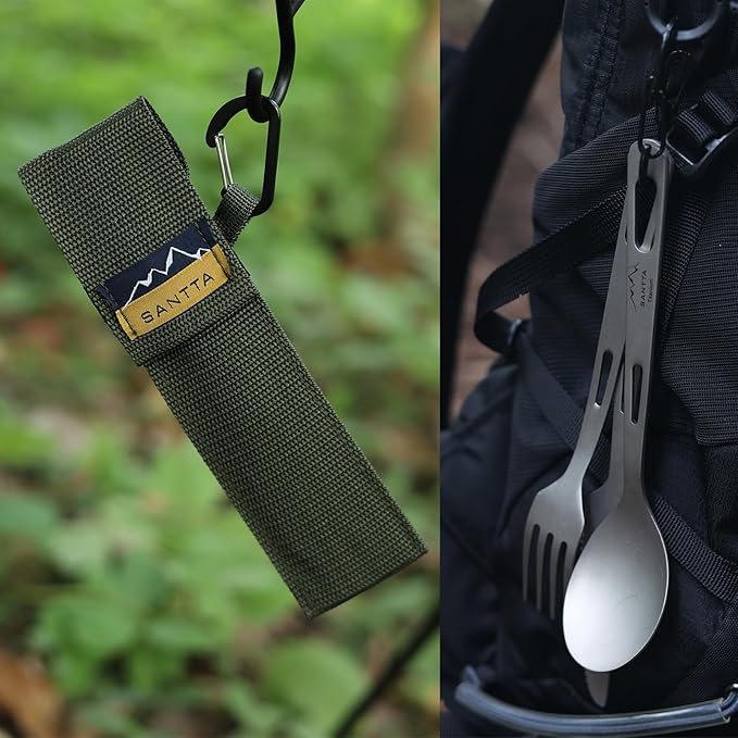 SANTTA Titanium Camping Utensils Ultra Light Spoon Fork Knife 3 Piece Set Cutlery Set with Pouch and Carabiner for Outdoor Camping Hiking Backpacking Hiking Picnic and Travel
