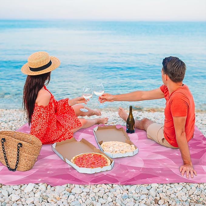 Waterproof Sandproof Beach Blanket 59''×68'' Floral Pattern Polyester Outdoor Picnic Blanket with 4 Stakes &amp Storage Bag for BeachCampingVacation Purplish-Pink