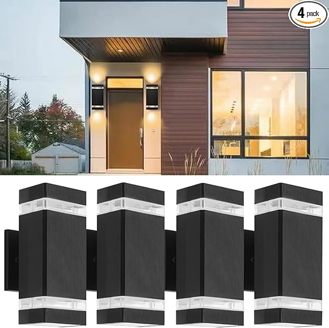 LED Outdoor Wall Light 4 Pack Square Up and Down Exterior Lighting Fixture Wall Mount Modern Aluminum Porch Light Waterproof Outside Lights for House