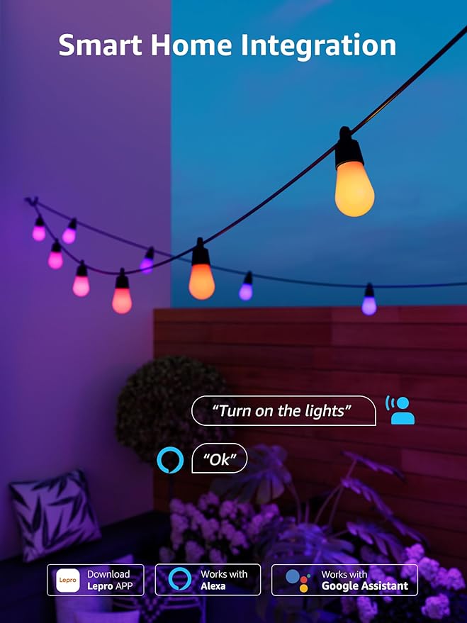 Lepro ZB1 AI Smart Outdoor String Lights APP Control 100(88+12) ft RGB+IC+Warm White Outdoor Light 30 LED Bulbs NOT Extendable Alexa Google Enabled Music Sync NO Remote 2.4 GHz WiFi+Bluetooth