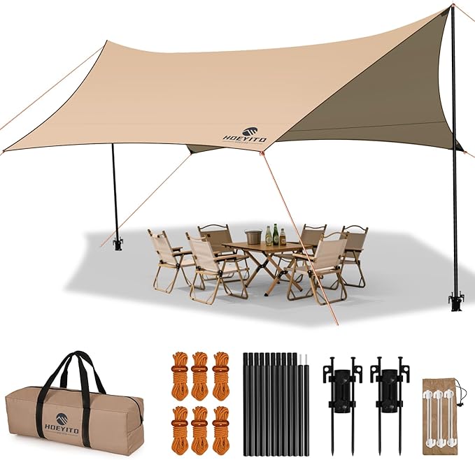 Camping Tarp with Poles &amp Retainer15x12.5FT Large Waterproof 210D Oxford Cloth Camping Canopy Anti-UV UPF100+ Tent Tarp Car Awning for Outdoor Picnic Hammock Car Backpacking (Khaki)