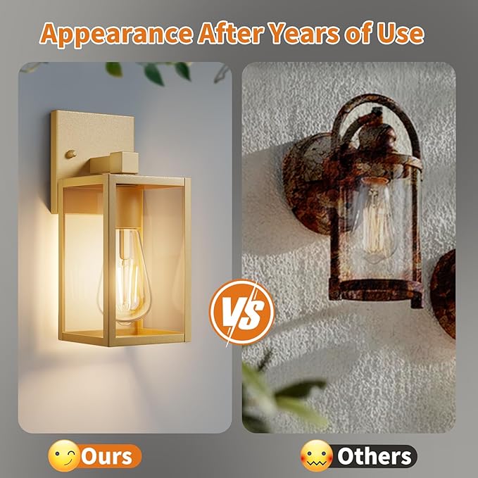 Outdoor Light Fixtures Wall Mount Waterproof Front Porch Lights Modern Exterior Lighting Fixtures with E26 Socket Gold Wall Sconces Lantern Lamp Outside Lights for House Garage Patio (2 Pack）