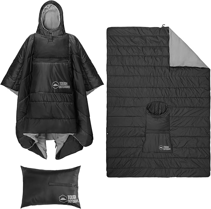 Tough Outdoors 5 in 1 Camping Poncho - Packable Blanket - Wearable Sleeping Bag Adult - Sleeping Bag Poncho - Waterproof