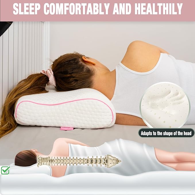 alkamto Travel &amp Camping Comfortable Memory Foam Pillow – Easy to Carry Portable Bag – Temperature Regulating Pillow Case (Pink Contour + Extra Cover)