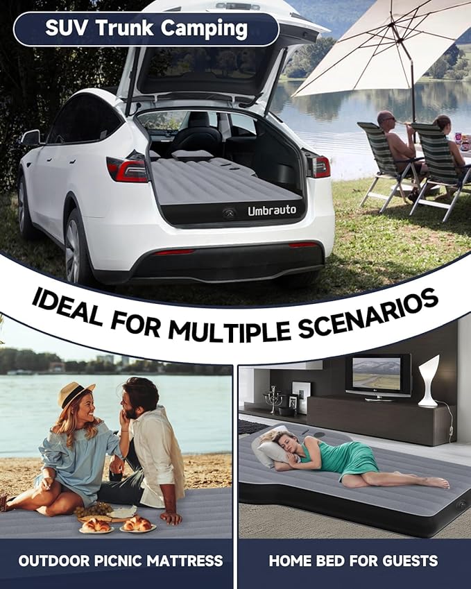 Umbrauto Custom Fit Air Mattress for Tesla Model Y/Juniper 2026 Upgraded Inflatable Camping Bed for Back Trunk Soft Flocking Surface+Reinforced Bottom Sleeping Pad w/Pump for Outdoor Travel