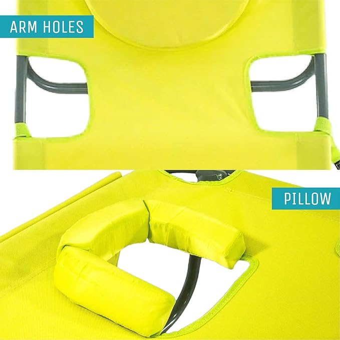 Ostrich the Heavy-Duty Backpacker Portable Beach Chair w/Face Hole Adjustable Lounge Chair w/Face Opening Cup Holder &amp 325lb Capacity Lime Green