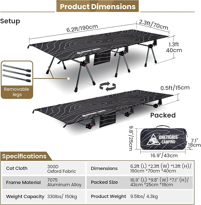 ONETIGRIS SUPRANUBIS Camping Cot Height Adjustable with Cot Leg Extenders Strong Support 330lbs Lightweight Comfortable Folding Bed for Camping Hiking Travel Truck Beach Office Nap