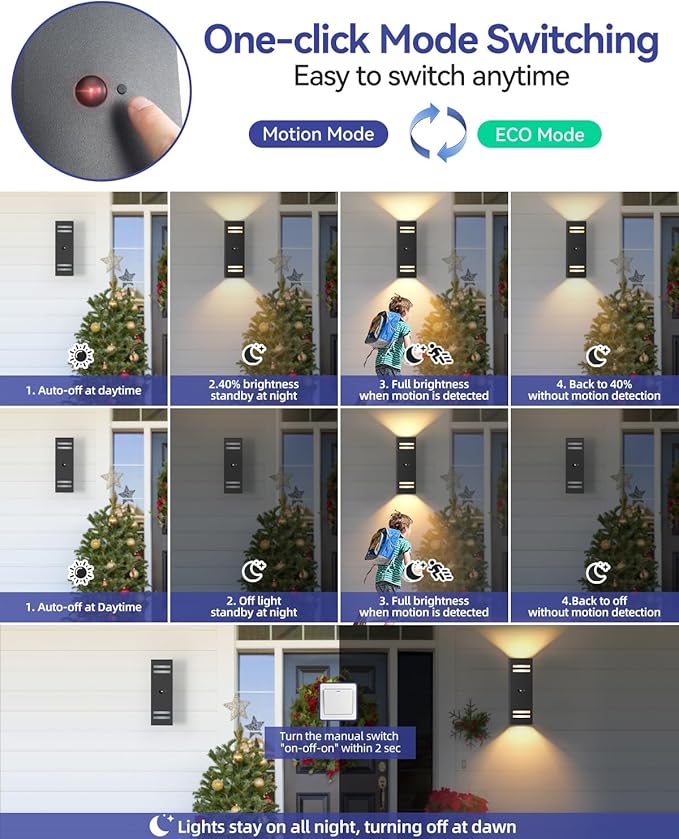KIZON Motion Sensor Outdoor Lights 2 Pack Dusk to Dawn Outdoor Wall Lights Black Exterior Lighting Fixtures with E26 Base Modern Sconce Motion Detector Lights for House Porch