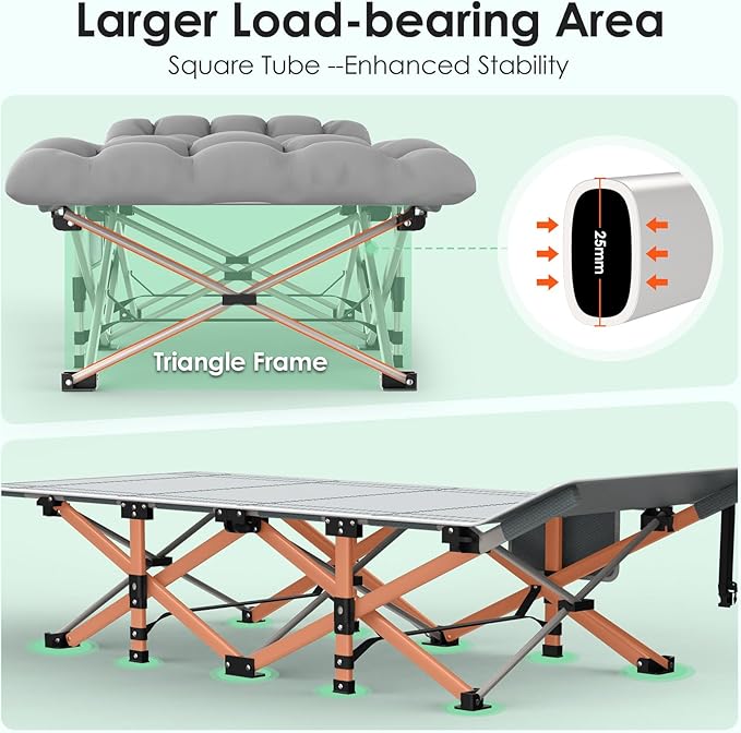 Suteck Camping Cot Folding Camping Cot Bed for Adults Sleeping 1200D Double Layer Oxford Portable Folding Outdoor Cots for Camping W/Soft Pad Carry Bag for Home Office Nap Beach Travel 500LBSGrey
