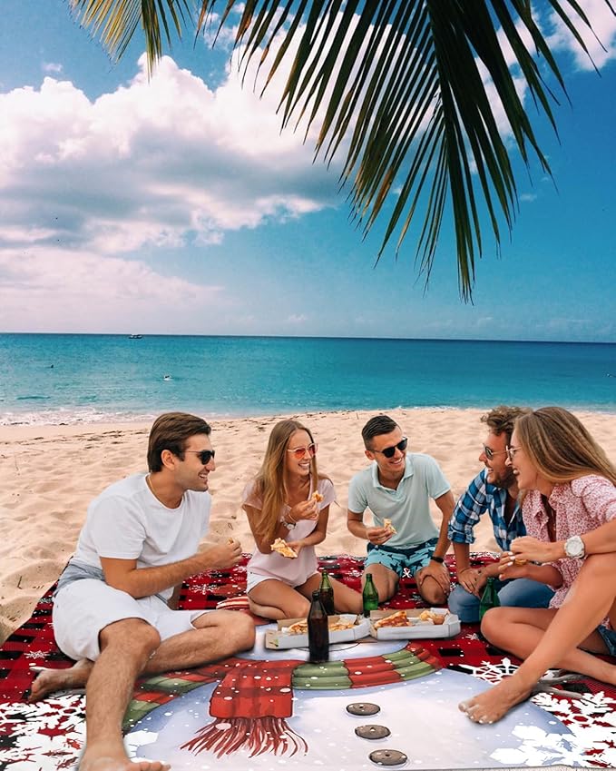 Beach Blanket Waterproof Sandproof Cute Snowman Red Black Buffalo Plaid Quick Drying Beach Mat with 4 Stakes Winter White Snowflake Seamless Lightweight Picnic Blanket for Travel Camping 95x80