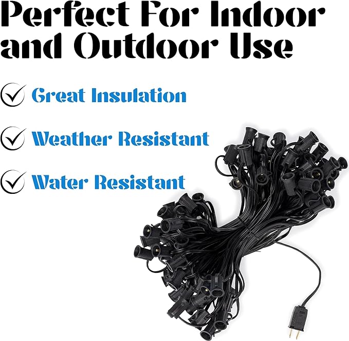 Holiday Lighting Outlet C7 Christmas Light String Patio and Event Lighting Black Cord 12 Socket Spacing SPT-1 (100')