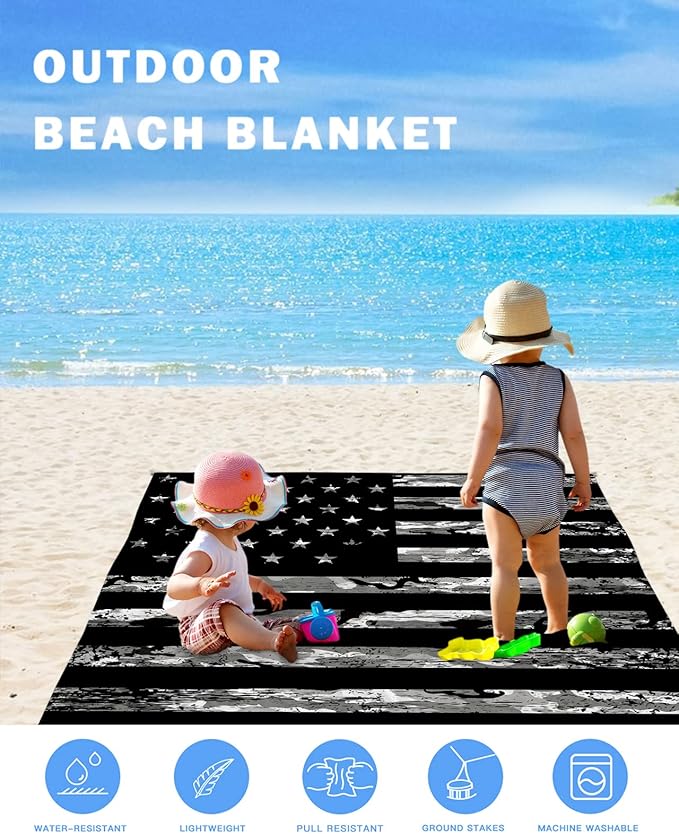 Beach Blanket Waterproof Sandproof OversizedAmerican Flag Independence Day Beach Mat with Corner Stakes Sand PocketsUSA Stars and Stripes Camouflages Outdoor Picnic Mat for Travel Camping118x108In